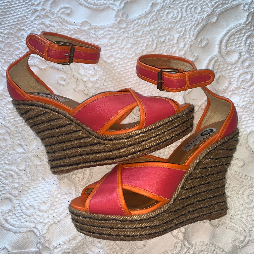 Lanvin coral/orange leather wedge espadrilles